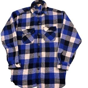 Vintage 70s Yorke wool blue/black/cream buffalo plaid button flannel